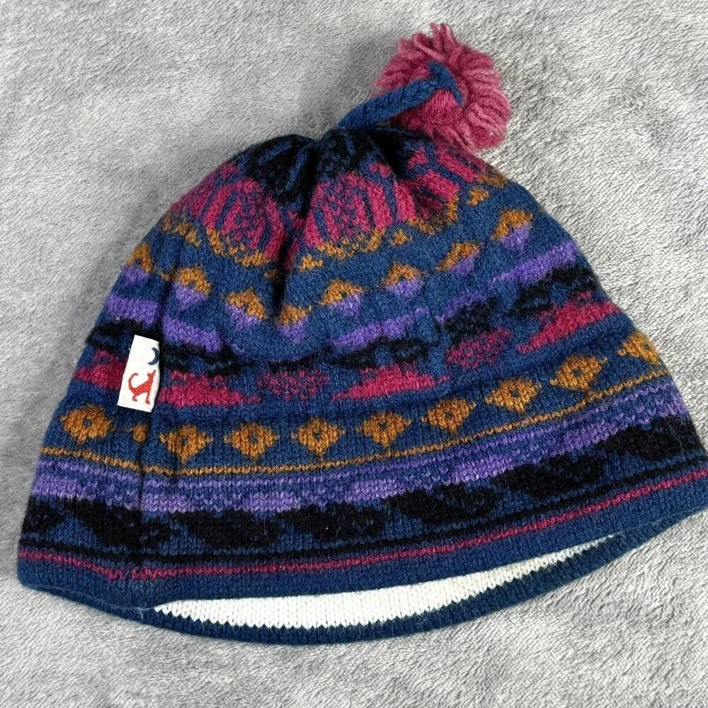Vintage‎ Darn Fine Hats Pom Beanie Youth Child 100% Wool Fair Isle Outdoor USA